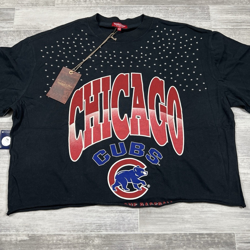 MITCHELL AND NESS CHICAGO CUBS WOMEN'S LARGE BLACK STUDDED CROP CREW SWEATSHIRT